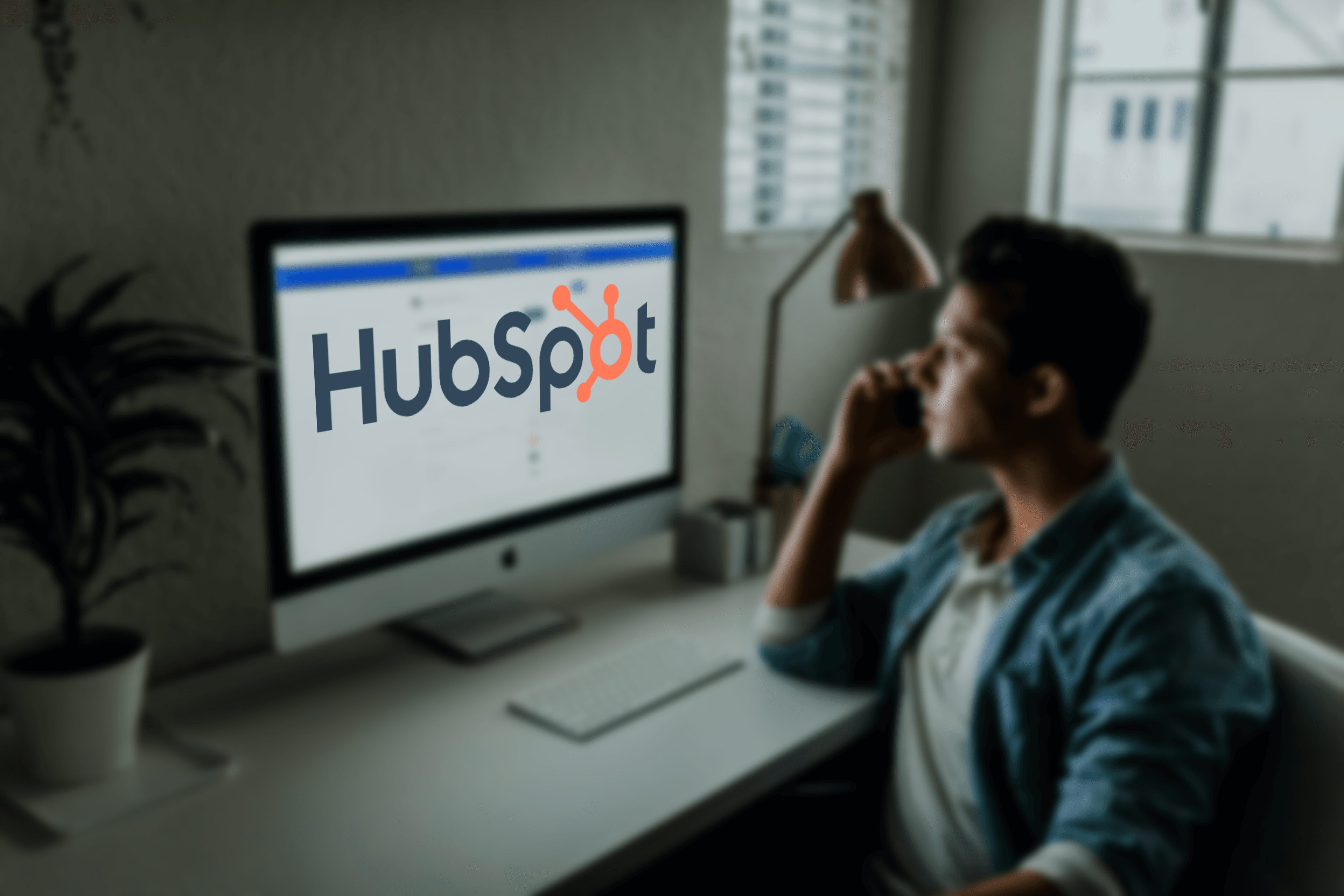 Man looking at computer screen with HubSpot logo