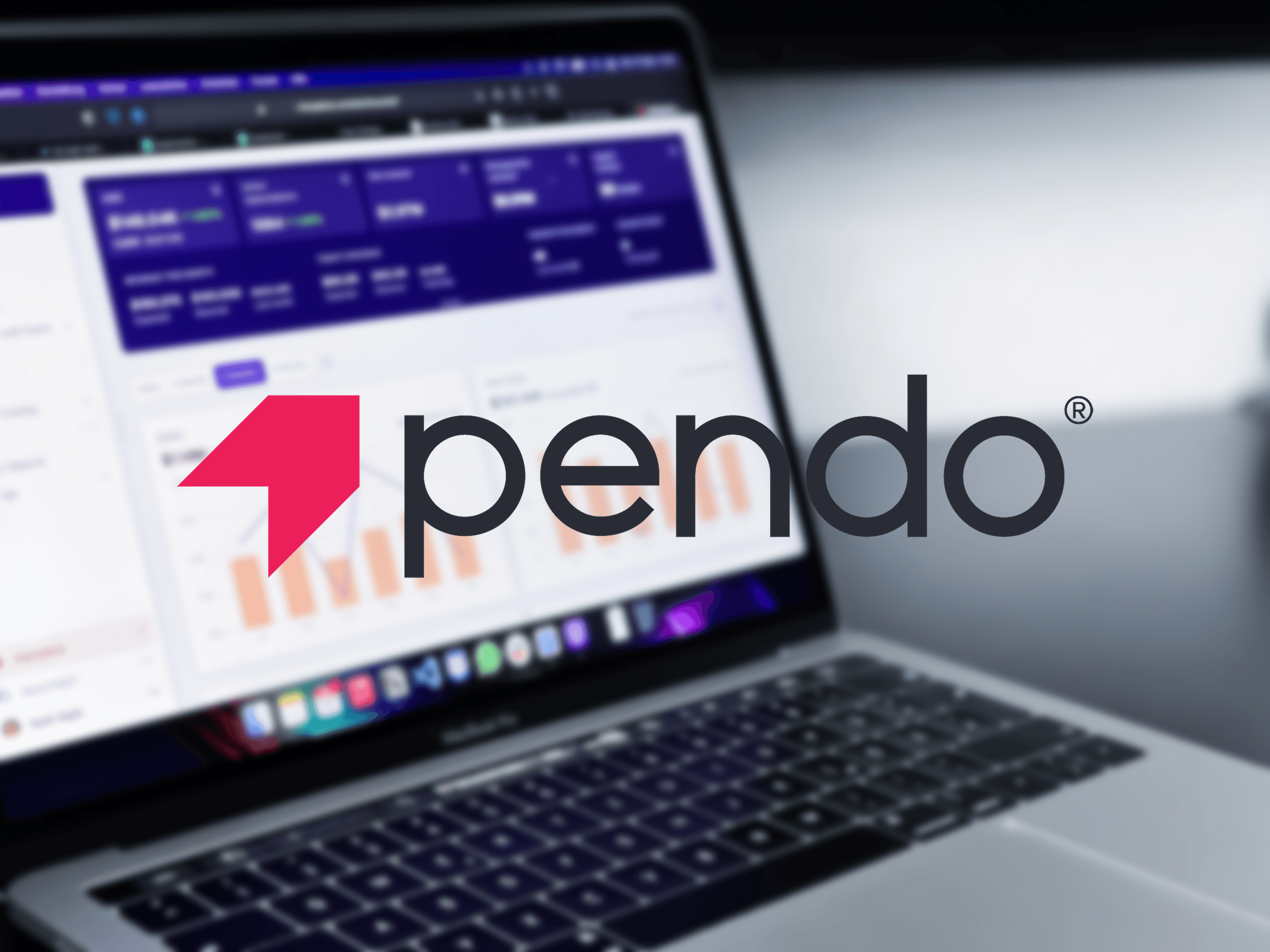 Pendo logo with analytics on laptop screen behind