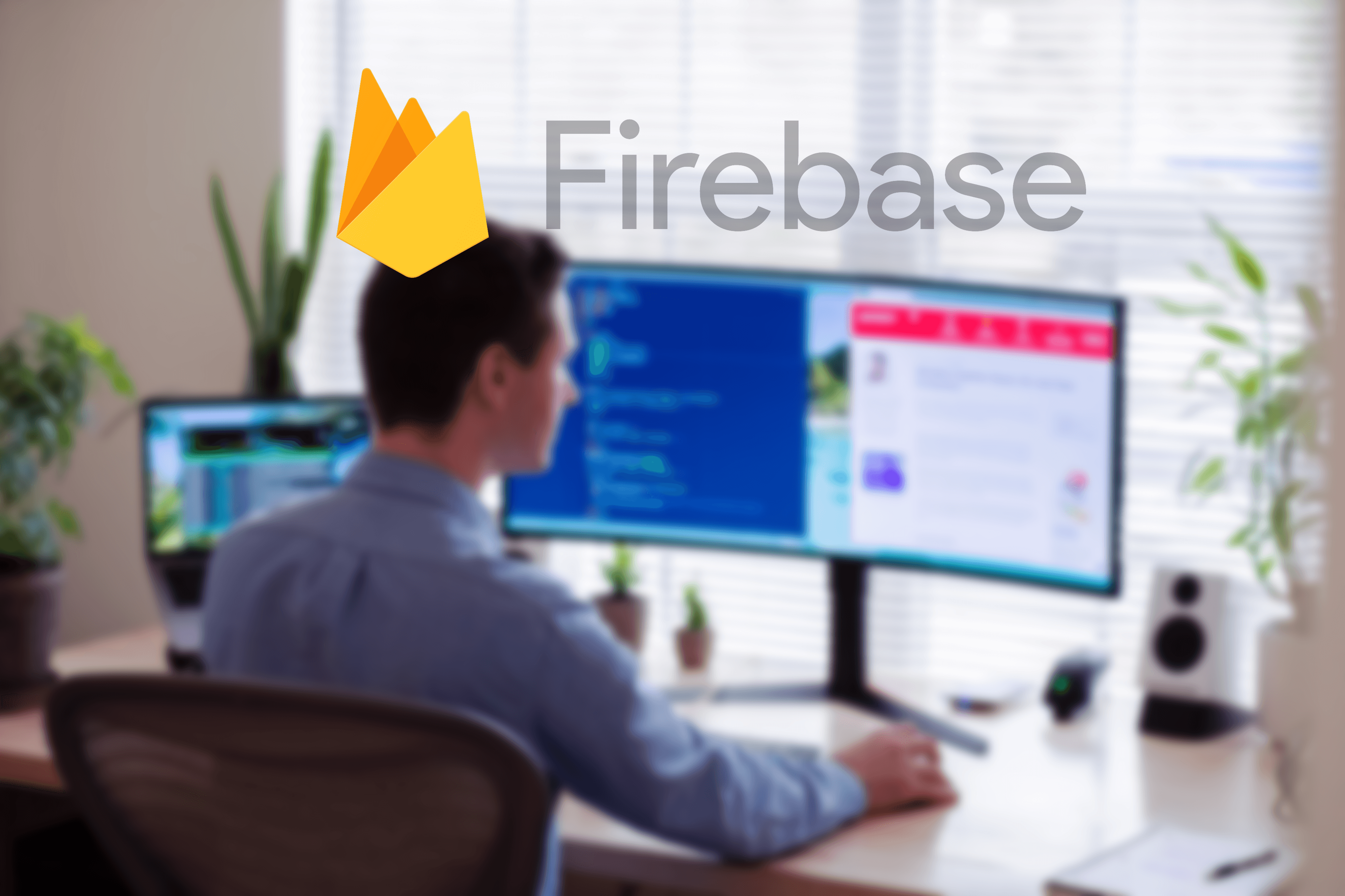 Man coding with Firebase logo in the foreground